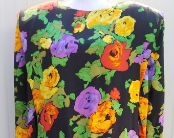 Fernando Pena Vibrant Floral Silk Dress Size 10 Ruched Pleated Unworn 80s Vintage