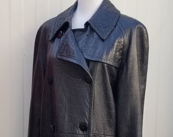 Vintage Black Textured Leather Car Coat, Women's M