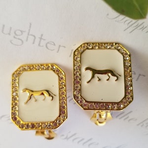 Jaguar Earrings White Enamel Gold Tone Jaguar Cougar Panther Big Cat Animal Rhinestones Clip On Unworn
