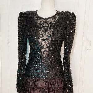 Vintage Lillie Rubin Cocktail Dress Size 6 Full Sequin Long Sleeve with Ruffle Skirt