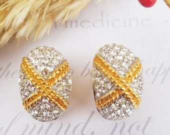 S.A.L. Swarovski Crystal Curve Huggie Gold Plated Cross Clip On Earrings Unworn Signed S.A.L.