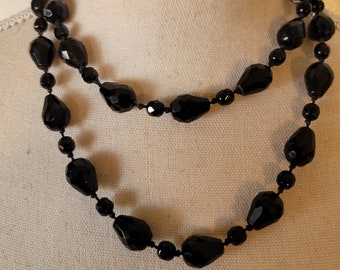 Vintage Black Pear Shape Faceted  Tourmaline stone Long Necklace  High Quality Knotted In Between Stones