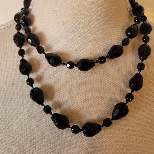 Vintage Black Pear Shape Faceted  Tourmaline stone Long Necklace  High Quality Knotted In Between Stones