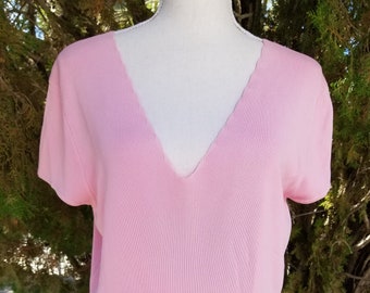 BCBG Maxazria Pink Knit Top, Womens Top Size XL, Pink Stretch Knit Short Sleeve V Neck Vintage 90s