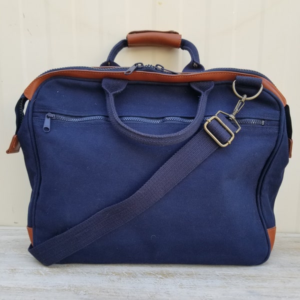 IZOD Sport Blue Canvas Briefcase,Vintage IZOD Cognac Leather Accents Heavy Zipper Shoulder Briefcase,Classic Vtg Cross Body Courier Satchel