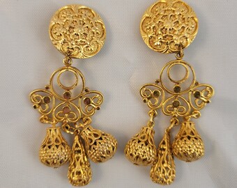 Vintage Filigree Bloom Multi Orb Dangle Drop Gold Tone 80s Clip On Jewelry