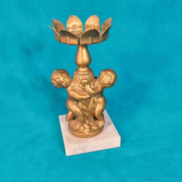 Vintage 70s Italian Florentine Brass & Marble Column Candle Holder with Cherubs