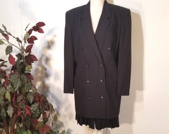 Escada Classic Black Virgin Wool Suit US Size 8/10 Double Breasted Jacket & Pleated Skirt 80s by Margaretha Ley Unworn Vintage