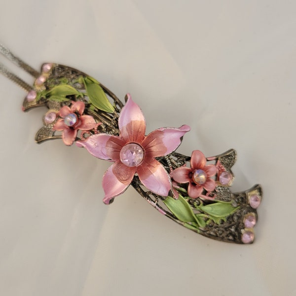 1950s Intricate Filigree Hair Barrette Hand painted Pink green Hair Clip Flower Rhinestones Hair accessories