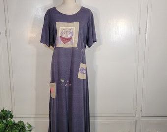 80s Cotton Maxi Hand Painted Dress CAT LOVERS Dream! Kitty Cats Size Large Lounge Wear Kats by Cover Charge