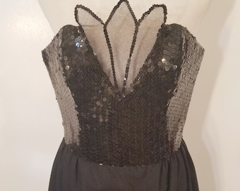 Vintage Hand made Maxi Glam Black Sequined Strapless Full Length Womens Dress Size Small/ X Small