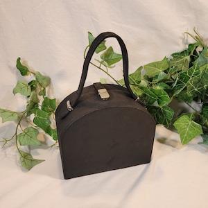 Vintage Antique Black Matte Case Suede Interior Top Handle Purse Bag Mirror 2 Pockets