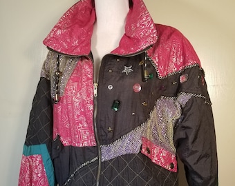 Vintage Abstract Jeweled Black Metallic Pink Bomber Jacket Patchwork Style Retro Classic 80s Size Small