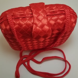 Red Vintage Evening Bag Jacquard Red Satin Weave Minaudiere Diagnol Weave La Regale NEW Magnetic Snap Beautiful Clean Zip pocket