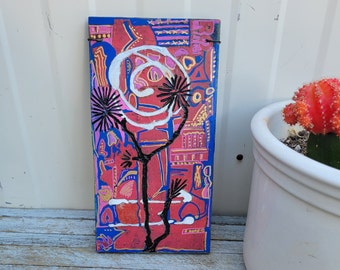 Original Wall Art, Abstract, Joshua Tree, Carved Wood, Vibrant Blue Red Gold, Happy Fun Small 10x5 original art, by Tami wood Creations