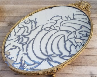 Antique Oval Vanity Mirror Tray, 11x8 Dressing Table Top Decorative Perfume Mirror, Mirror Tray with Metal Ornate Frame