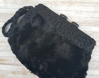 Vintage 50s Persian Fur Muff Purse, Black Mink Trim