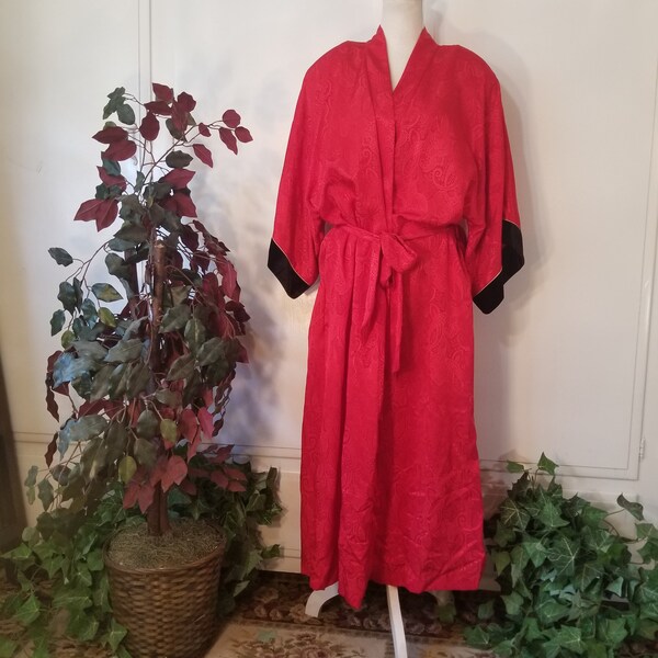 Vintage California Dynasty 1980s One Size Robe Silky Red Paisley w/ Black Velvet 3/4 Sleeves & Belt Lounge Wear