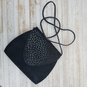 Bruno Magli Made in Italy Black Suede & Leather Handbag Cross body Vintage 50s Flawed