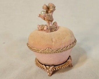 Vintage Mini Trinket Box Poodle with Pearl on Cushioned Lid Pink Gold Gilded  Knick Knacks