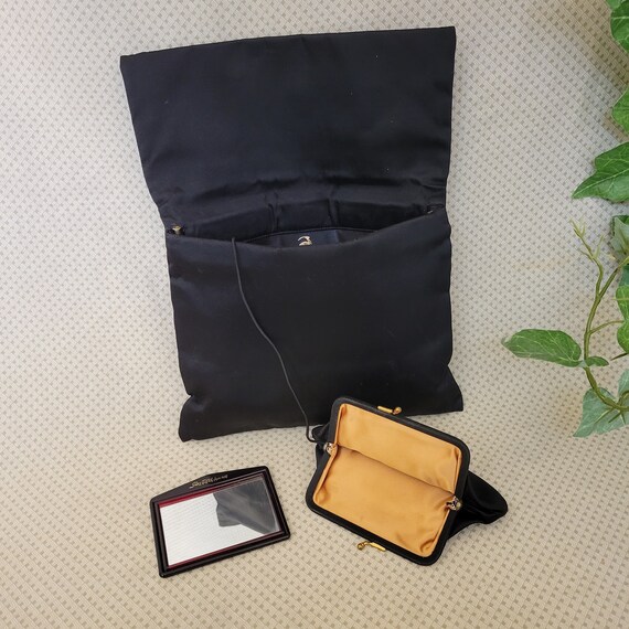 60s KORET Black Satin Clutch w/ Mirror & Coin Purse View 4