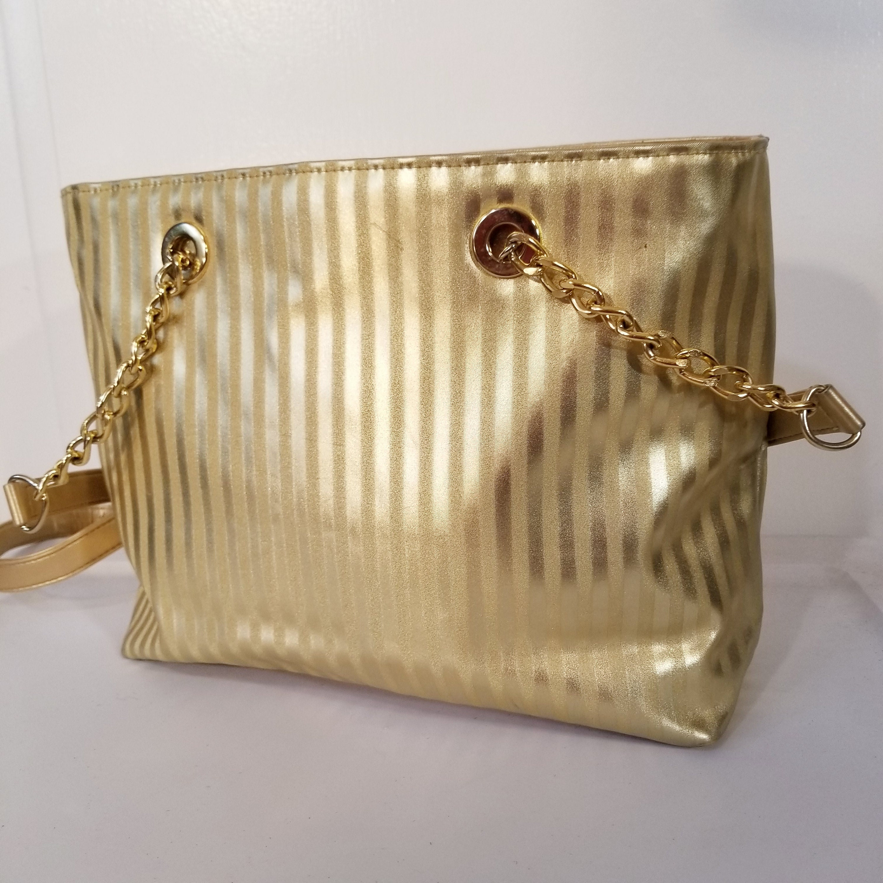 Large Gold Stripe Leather Shoulder Bag Chain Strap Purse Etsy