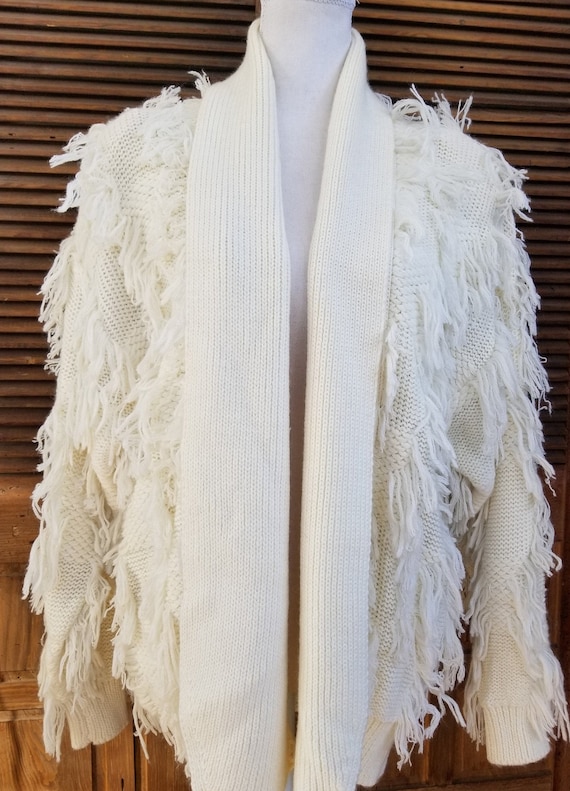 White Cardigan Shaggy Sweater Long Sleeve Size L C