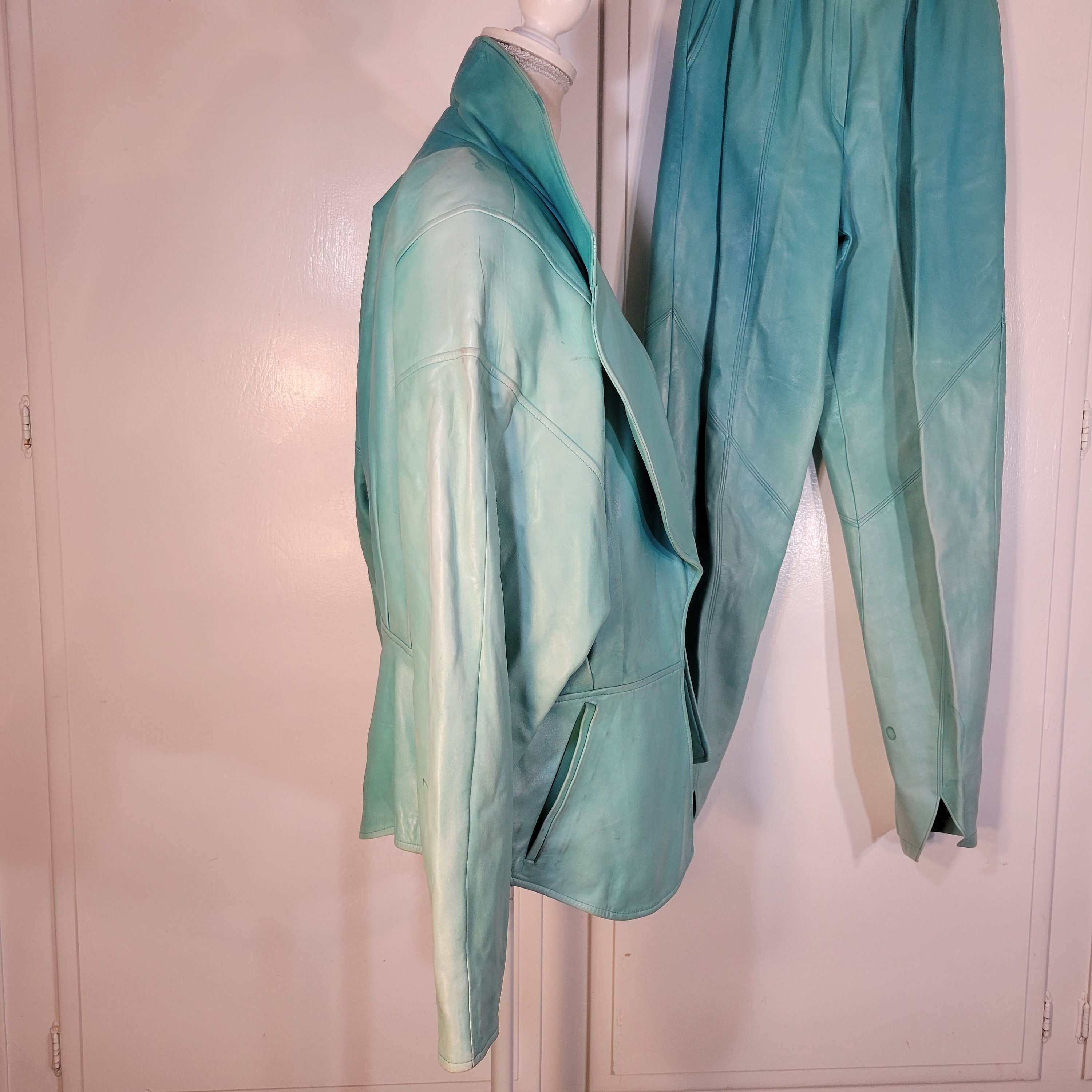 80s Vintage Leather Turquoise Jacket/m Pants/s and Belt Made in France