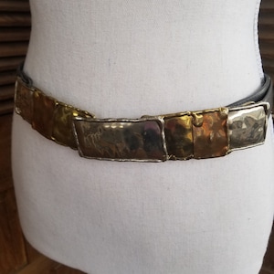 Bonnie Boynton Brass Leather Belt Copper Silver Gold Brass Brutalist Buckle w/ Gray Leather Belt Vintage 80s