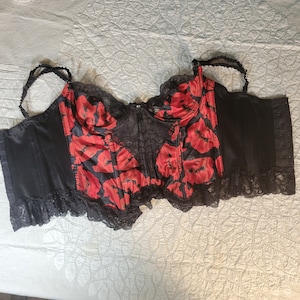 Vintage 80s MARA Intimates Corset Adjustable Satin & Lace Red Flowers  Size 40B x 30W
