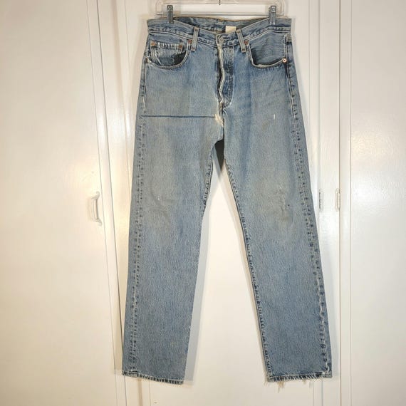 Levis 501 Button Fly Jeans W33 L34 Naturally Distressed Patched 