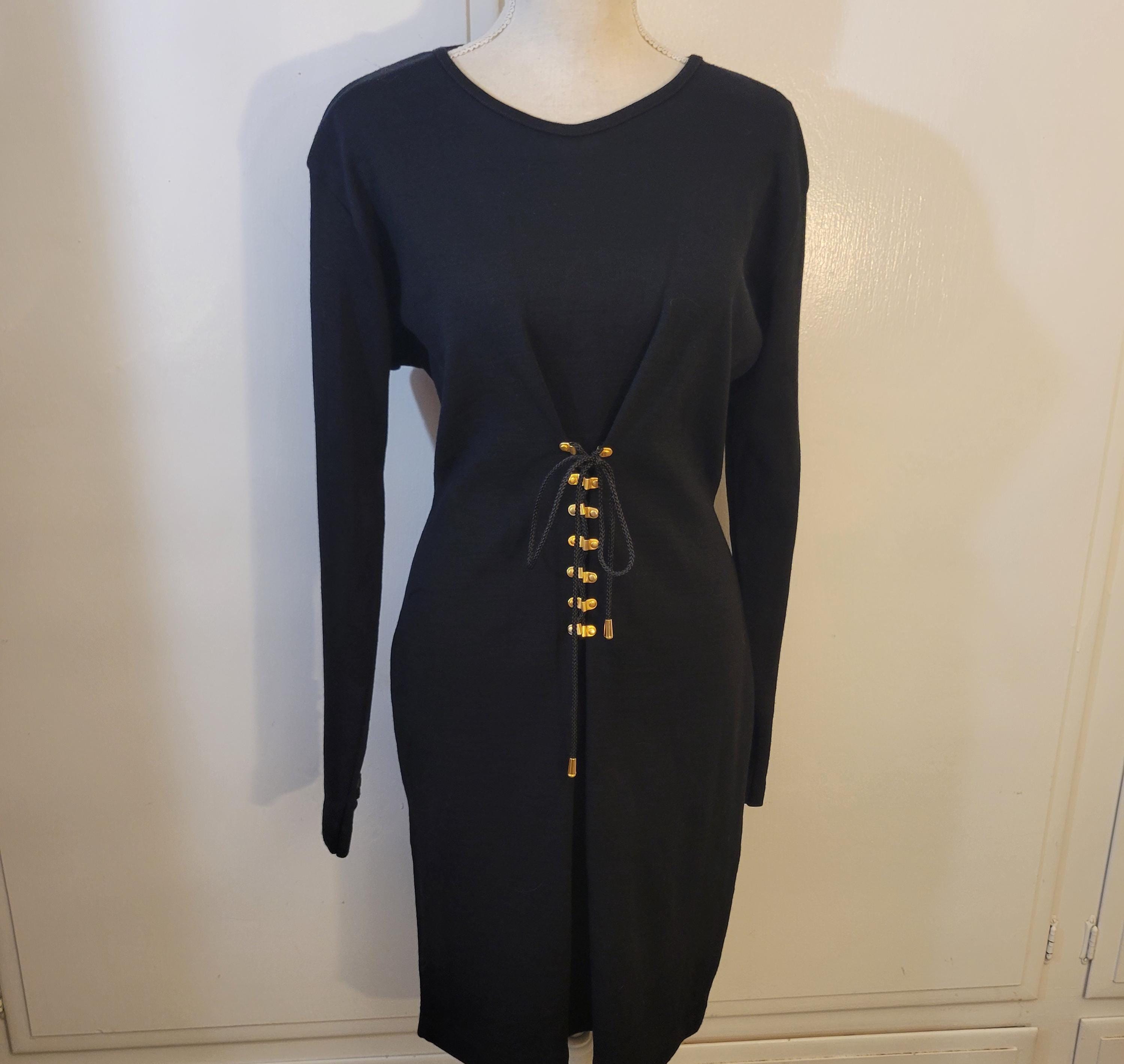 80s Vintage Dress Womens Size Large Black Wool Gold Accents