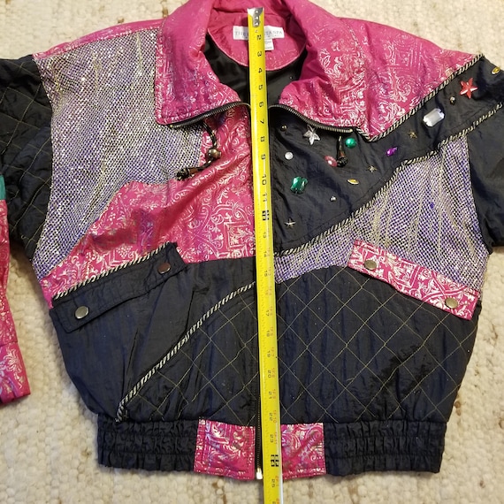 Vintage Abstract Jeweled Black Metallic Pink Bomber Jacket