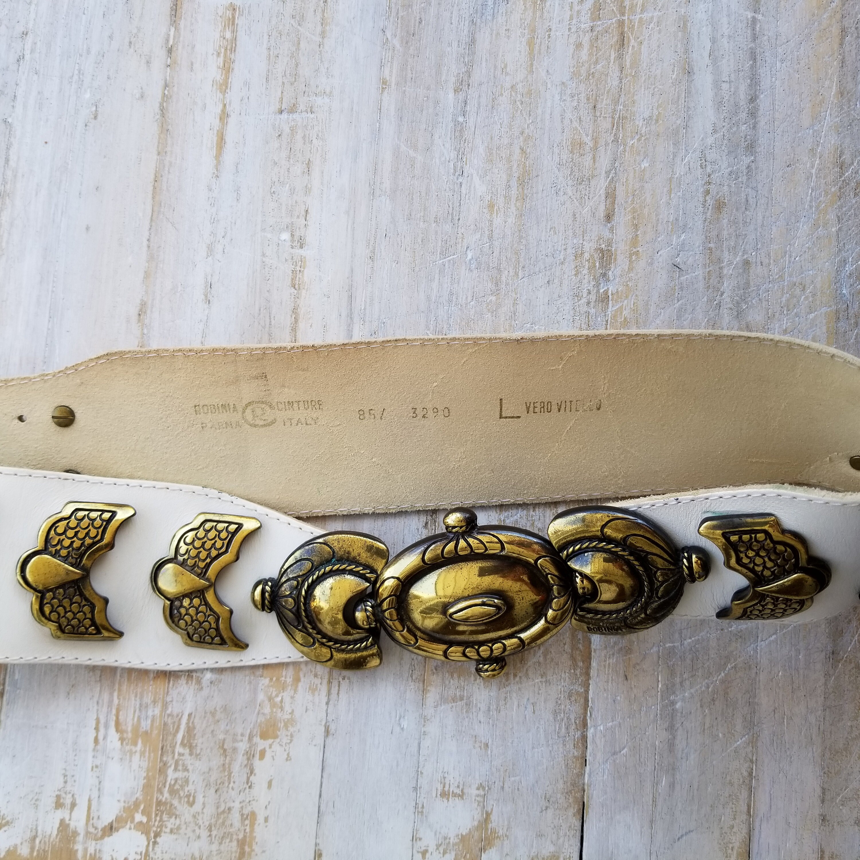 Vintage 70s Vero Vitello Leather Belt, Ornate Bronze Buckle, Size