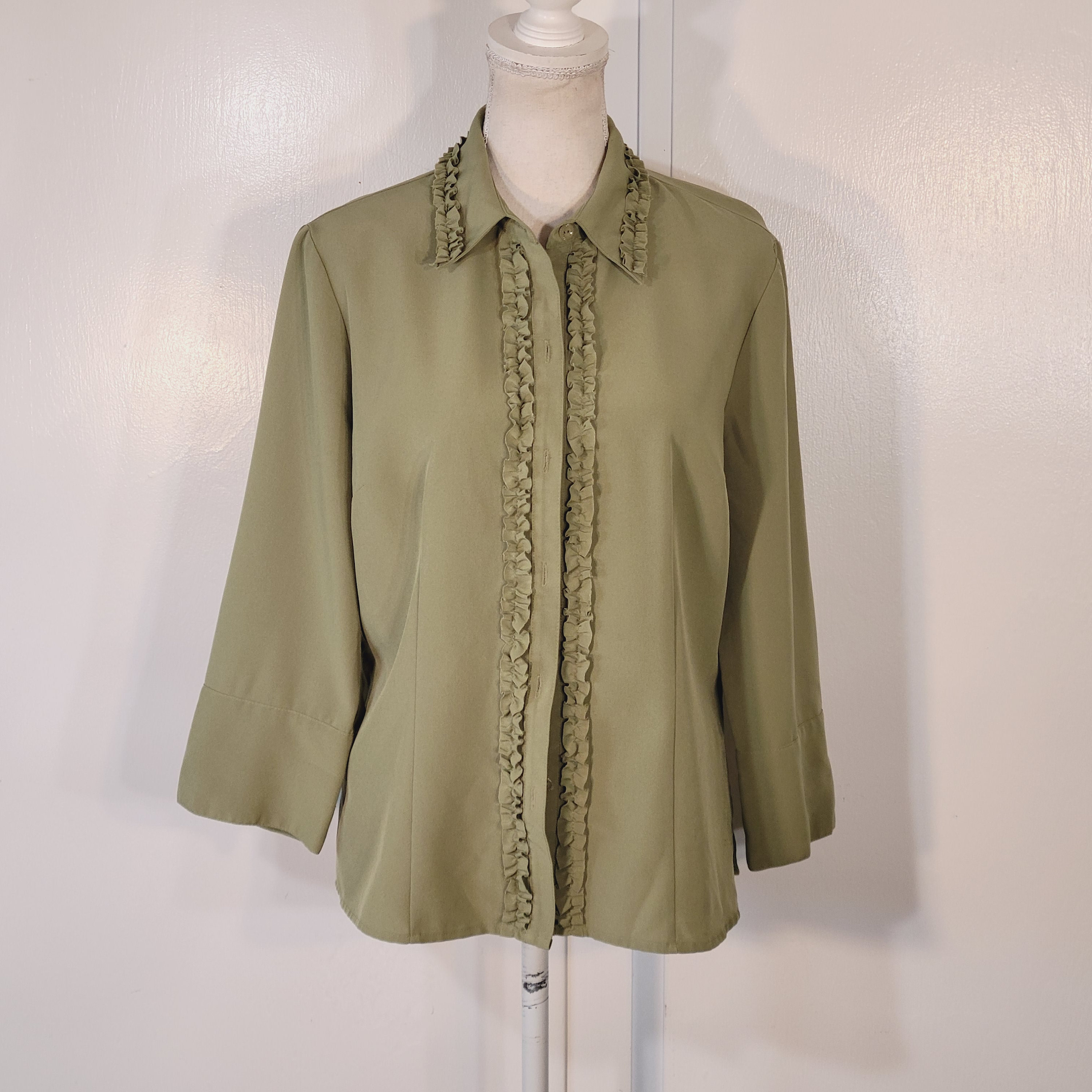 80s Kathy Che Tailored Blouse Ruffle Front Olive Green Womens Size 12 - Etsy, image size:3000x3000