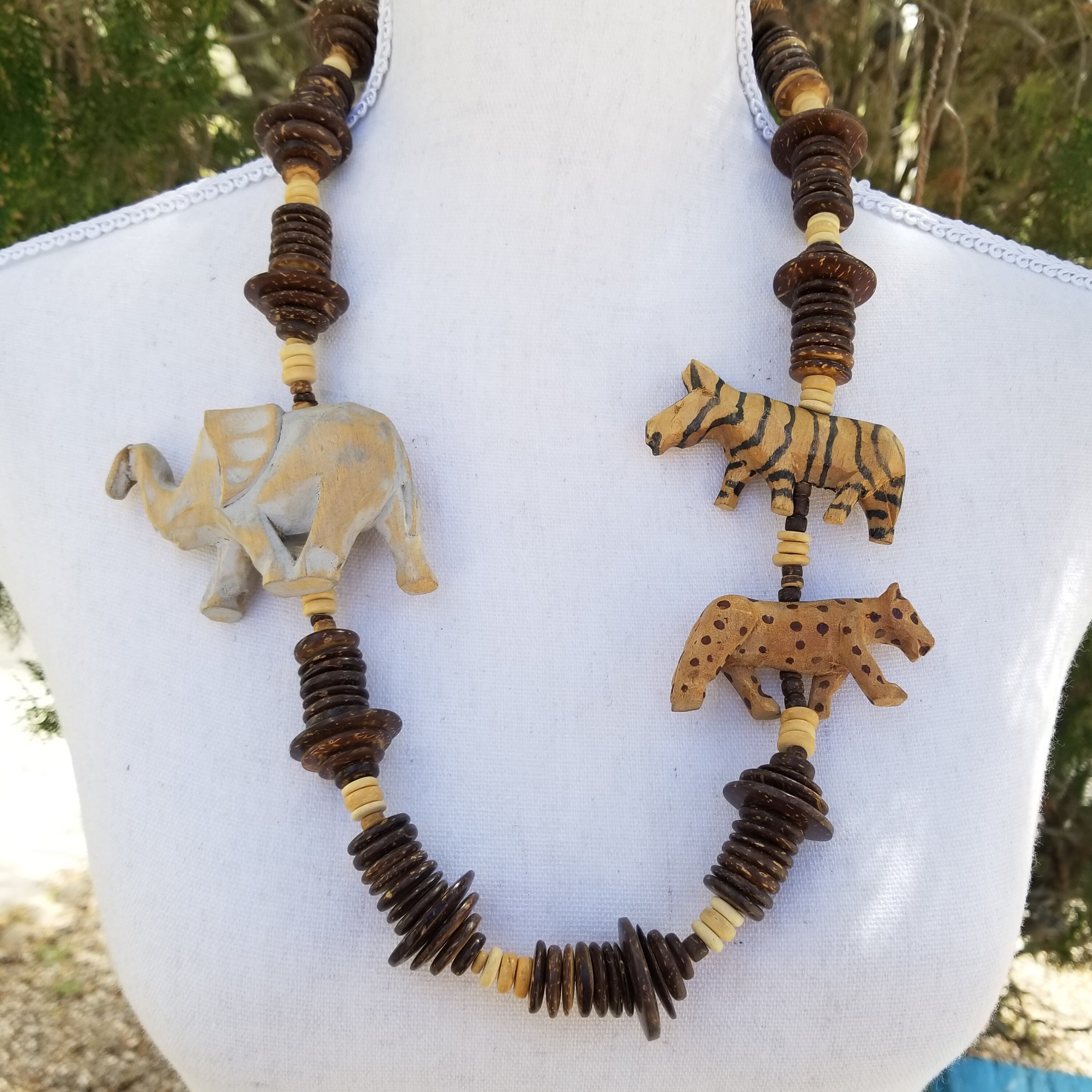 Vintage Handcrafted Primitive Folk Art Safari Animal Necklace