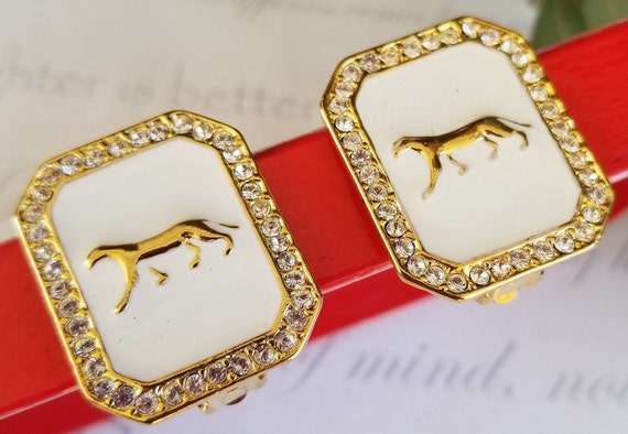Jaguar Earrings White Enamel Gold Tone Jaguar Cou… - image 6
