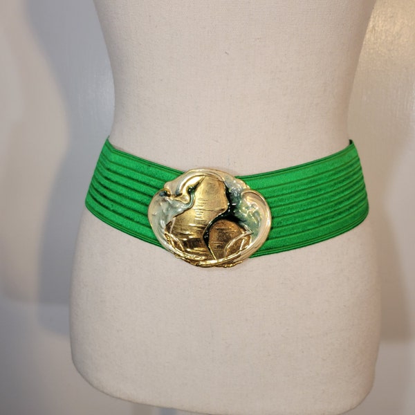 Vintage 80s,Green Elastic Stretch,Womens Belt,Crane Heron Bird Buckle,Size Large,Extra Blue belt by Charmant Belts,Beverly Hills, Ca NWT