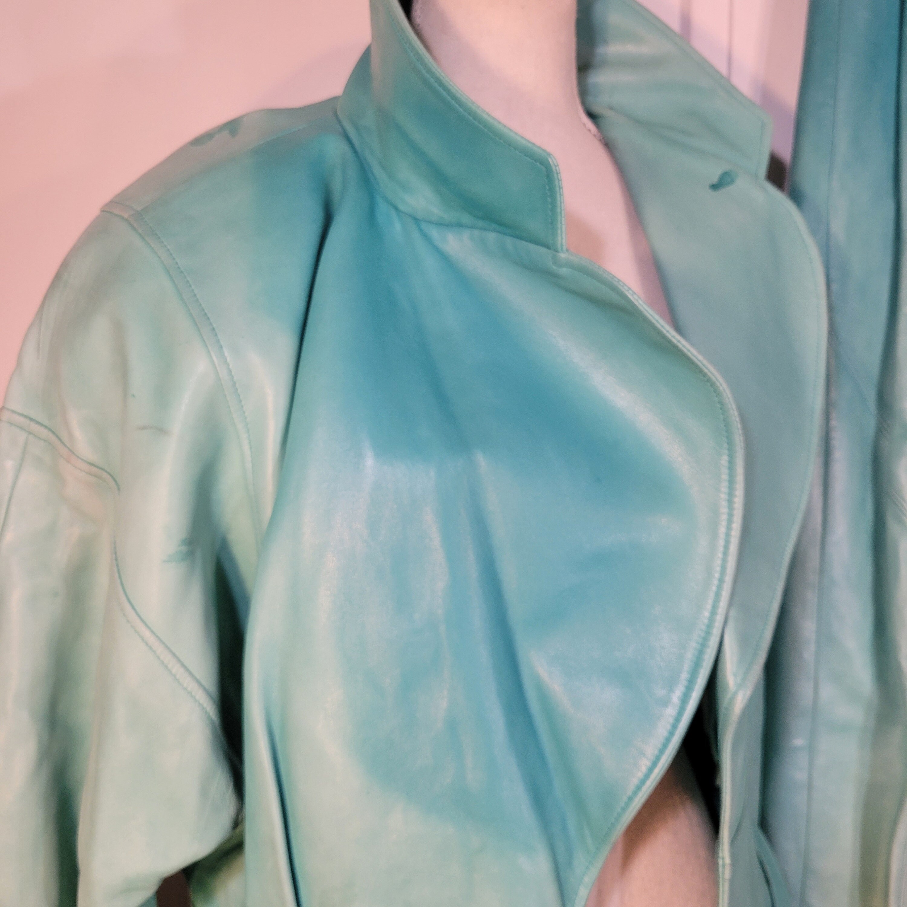 80s Vintage Leather Turquoise Jacket/m Pants/s and Belt Made in France