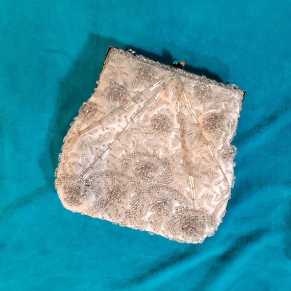 50s Ivory Satin Cocktail Evening Bag Silver Beade… - image 1