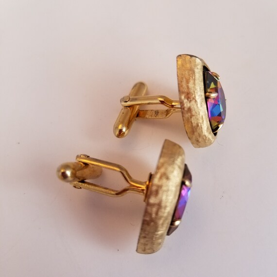 Swank Mens Cuff Links Vintage Iridescent Stone Go… - image 2