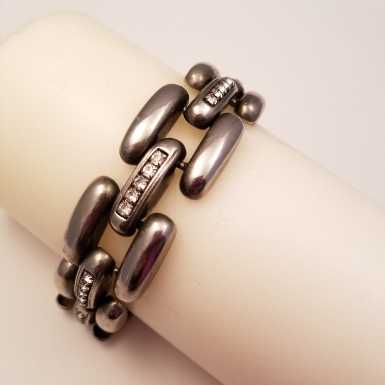 Vintage 60s Silver Tone Rhinestone Jewelry for Women Pewter Gun Metal Bracelet