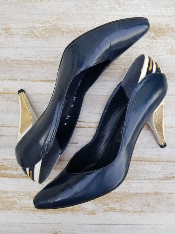 Stuart Weitzman Navy Blue Leather Pump Size 8.5 N Vintage 80s Sexy Heel Nautical Design Etsy