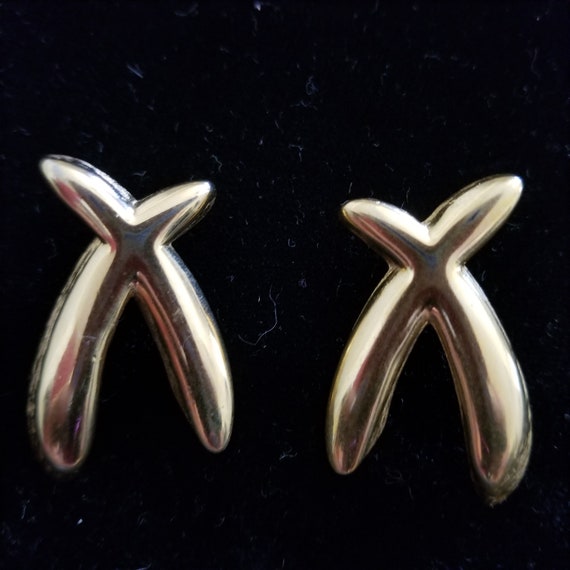 Gold Tone X Earrings Pierced Textured Crisscross … - image 3