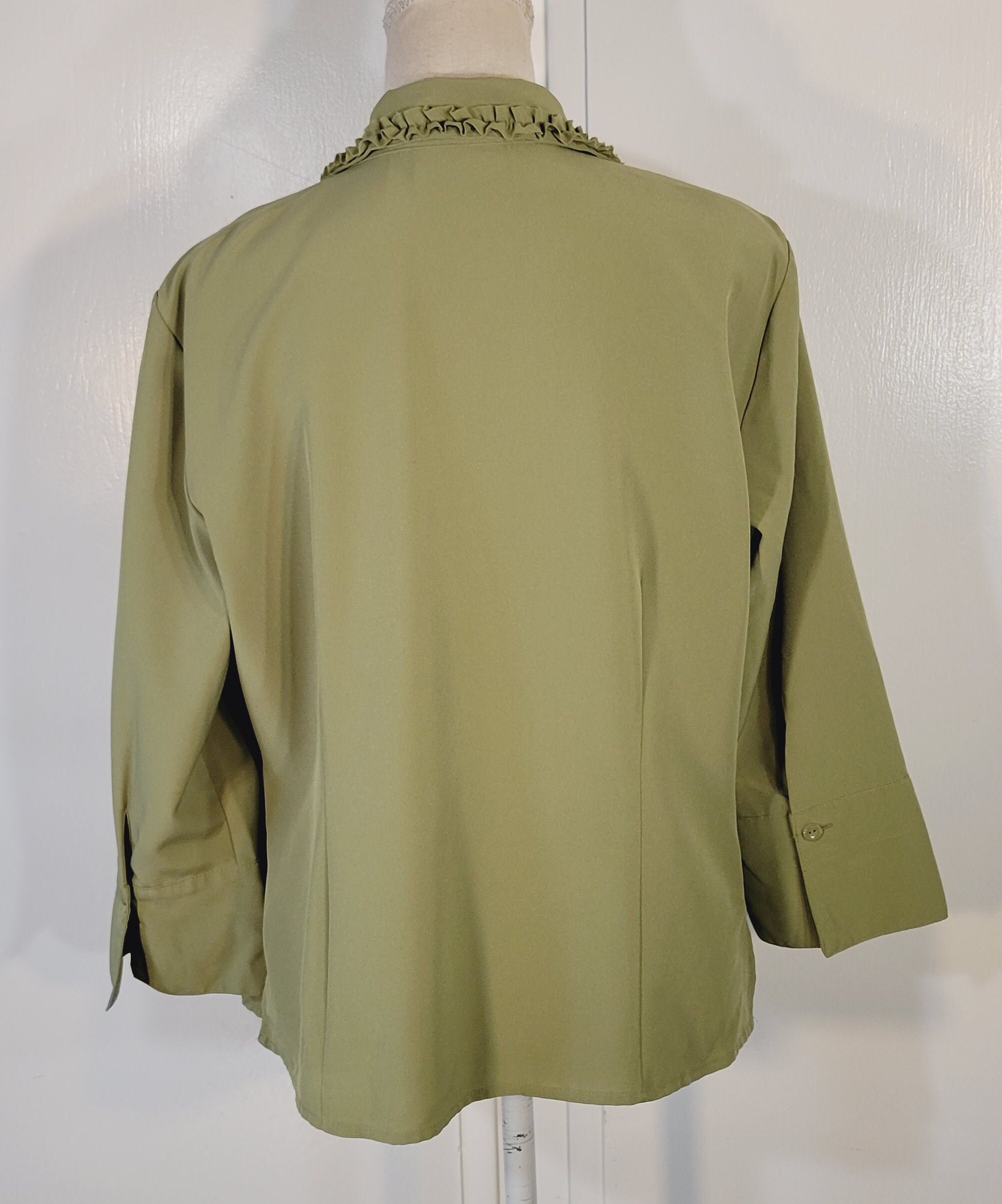 80s Kathy Che Tailored Blouse Ruffle Front Olive Green Womens Size 12 - Etsy, image size:2005x2410
