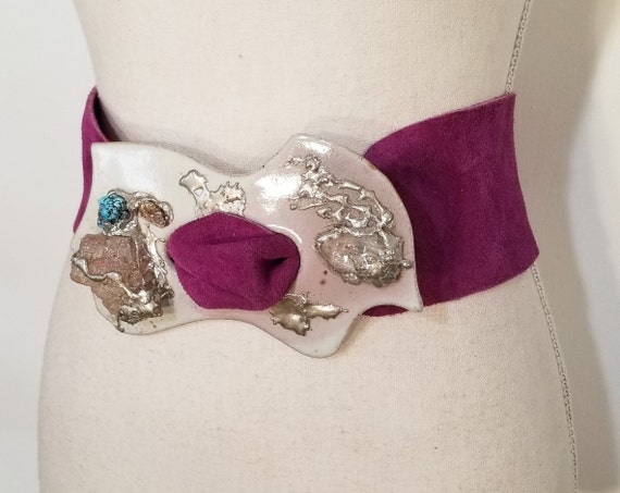 Vintage 80s Purple Suede Belt w/ Ceramic Jeweled … - image 4