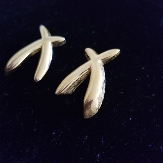 Gold Tone X Earrings Pierced Textured Crisscross … - image 1