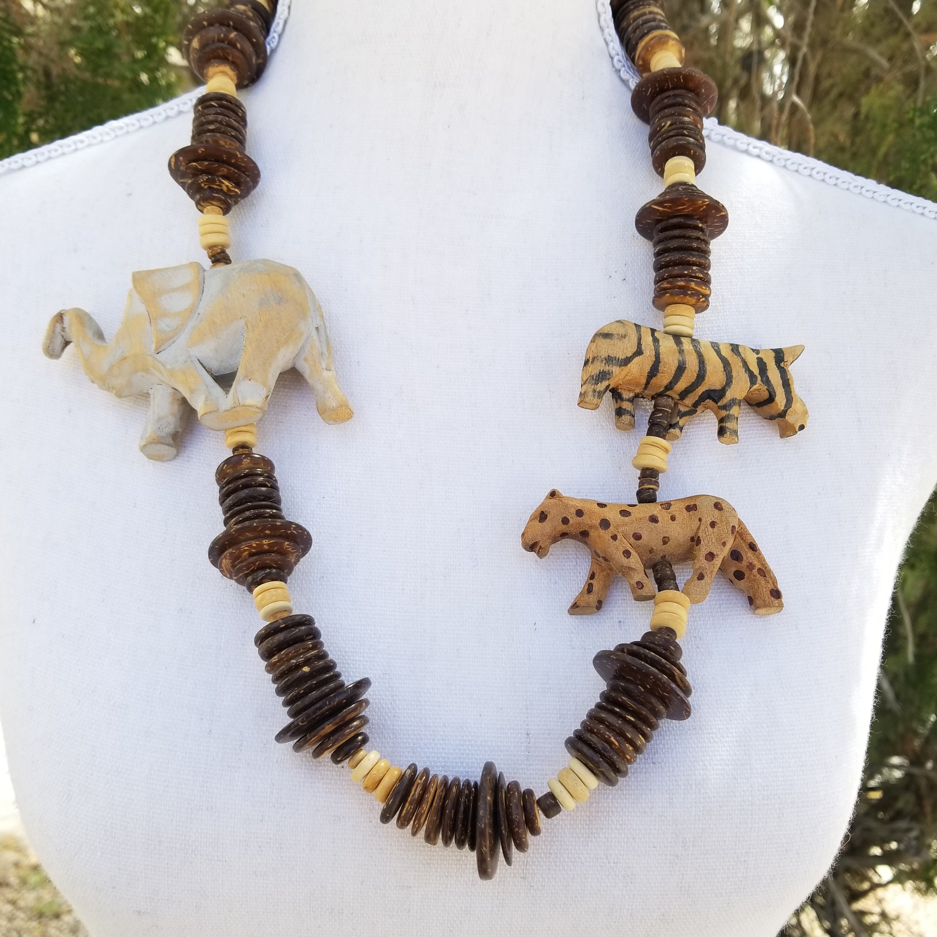 Vintage Handcrafted Primitive Folk Art Safari Animal Necklace