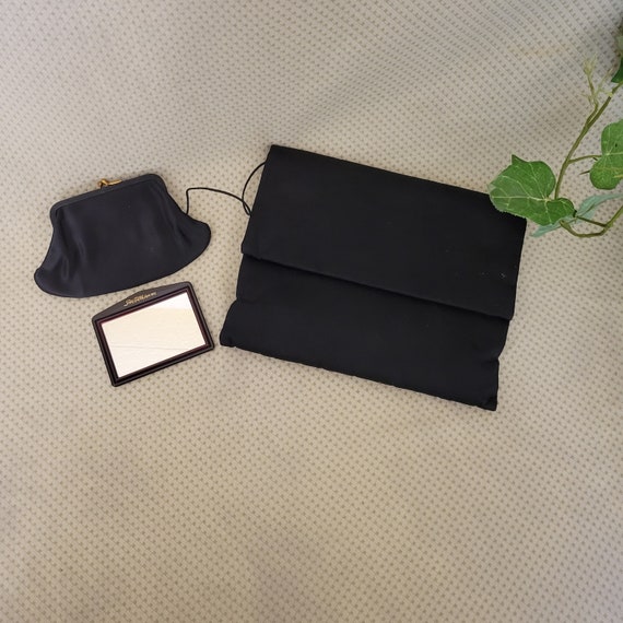 60s KORET Black Satin Clutch w/ Mirror & Coin Purse