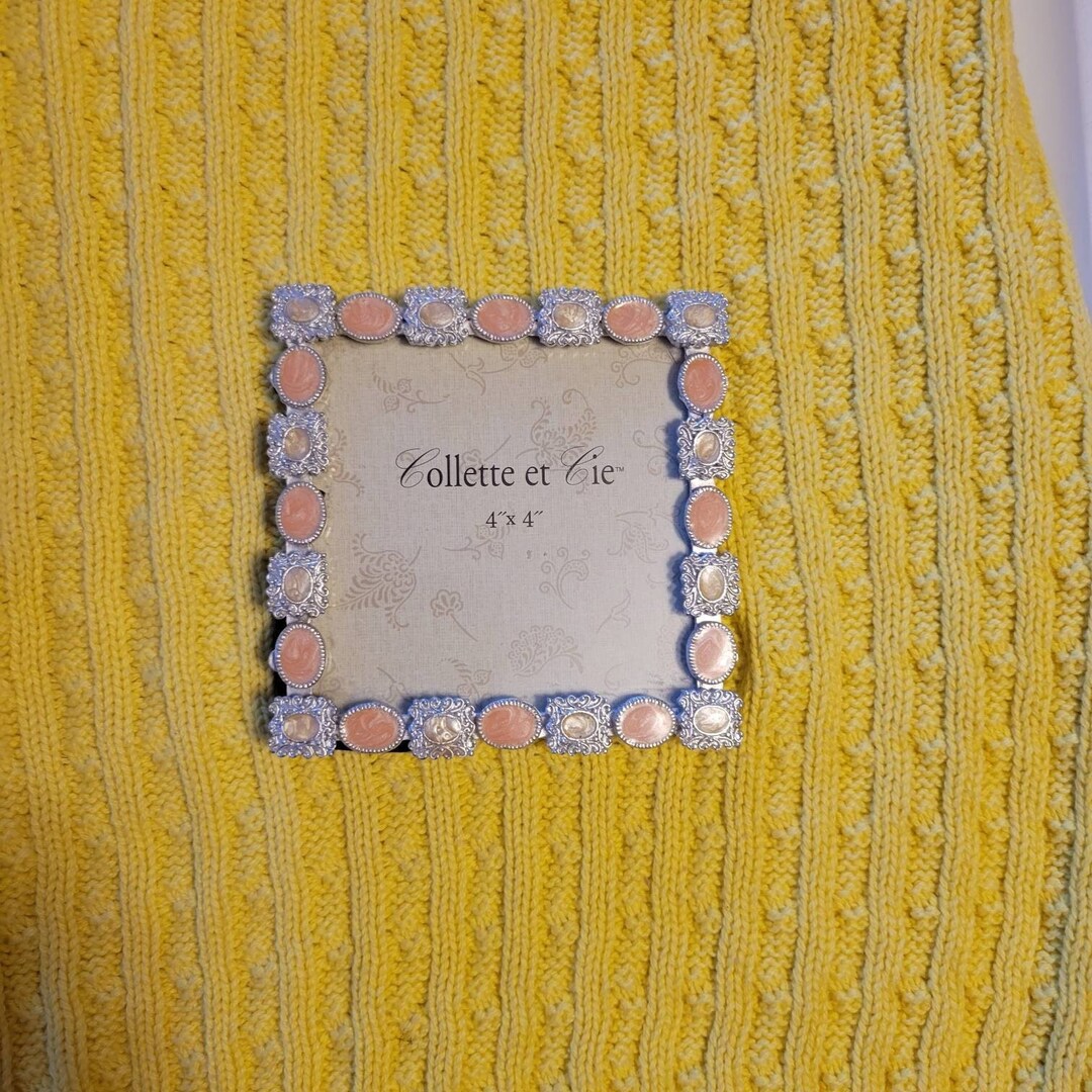 Vintage Picture Frame Silver & Peach Stones 4x4 Table Top by Collette